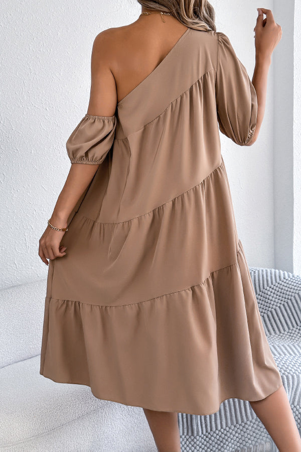 Cardydony Women's Solid Color Loose Slash Neck Short-sleeved Casual Midi Dress