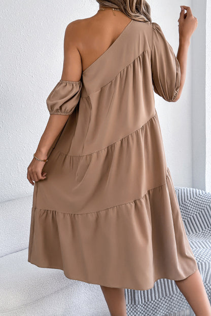 Cardydony Women's Solid Color Loose Slash Neck Short-sleeved Casual Midi Dress