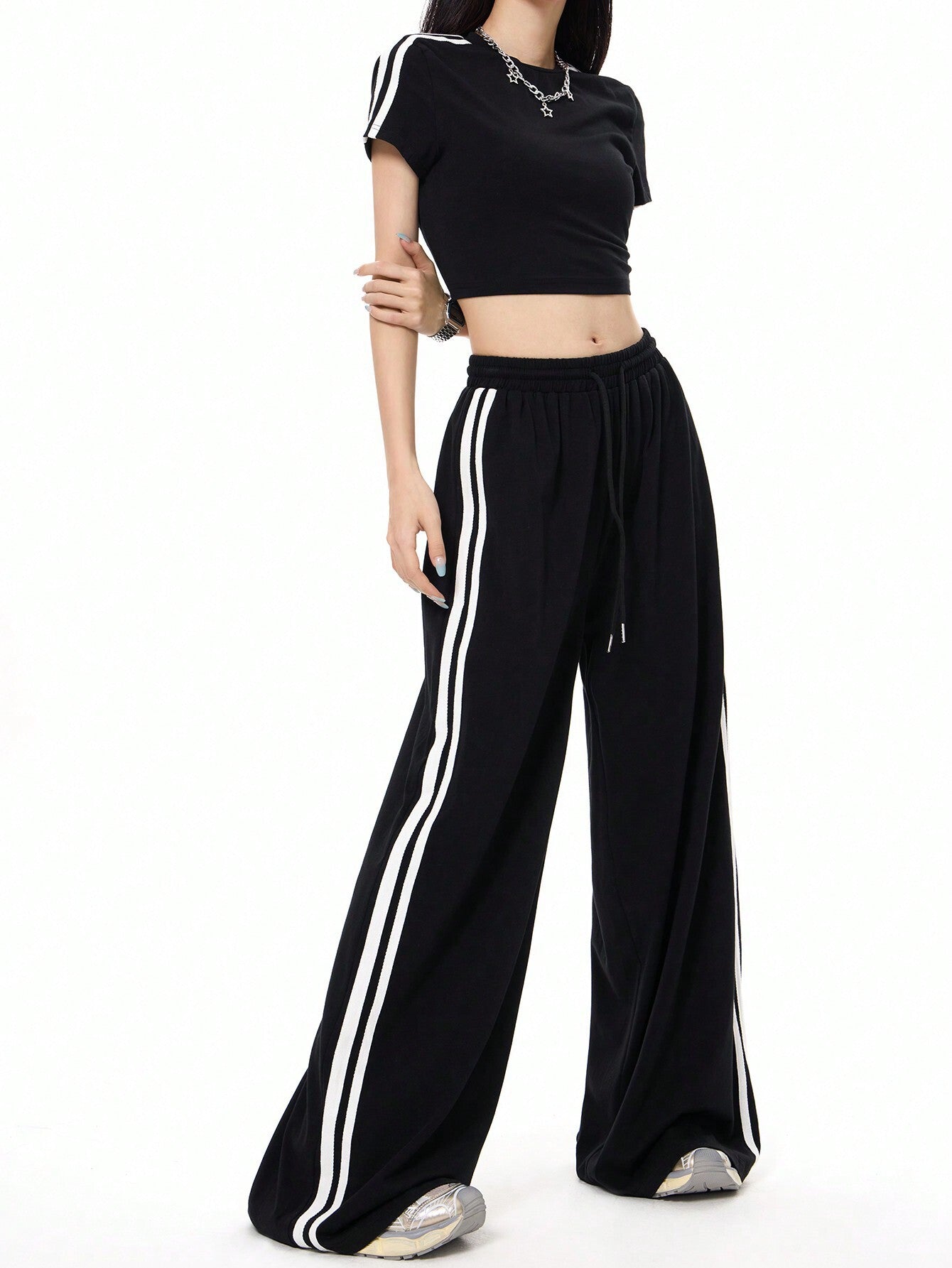Cardydony Women's Sporty Side-Stripe Wide Leg Track Pants
