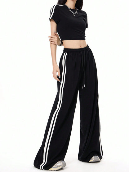 Cardydony Women's Sporty Side-Stripe Wide Leg Track Pants