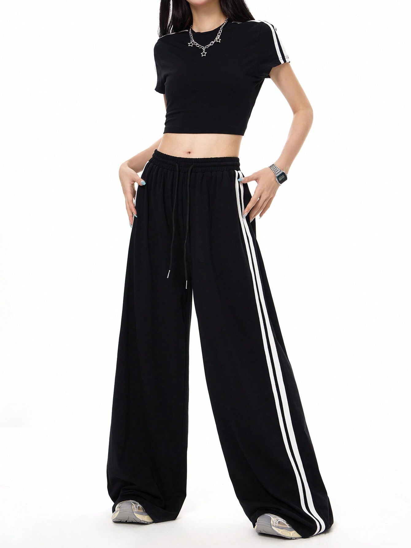 Cardydony Women's Sporty Side-Stripe Wide Leg Track Pants