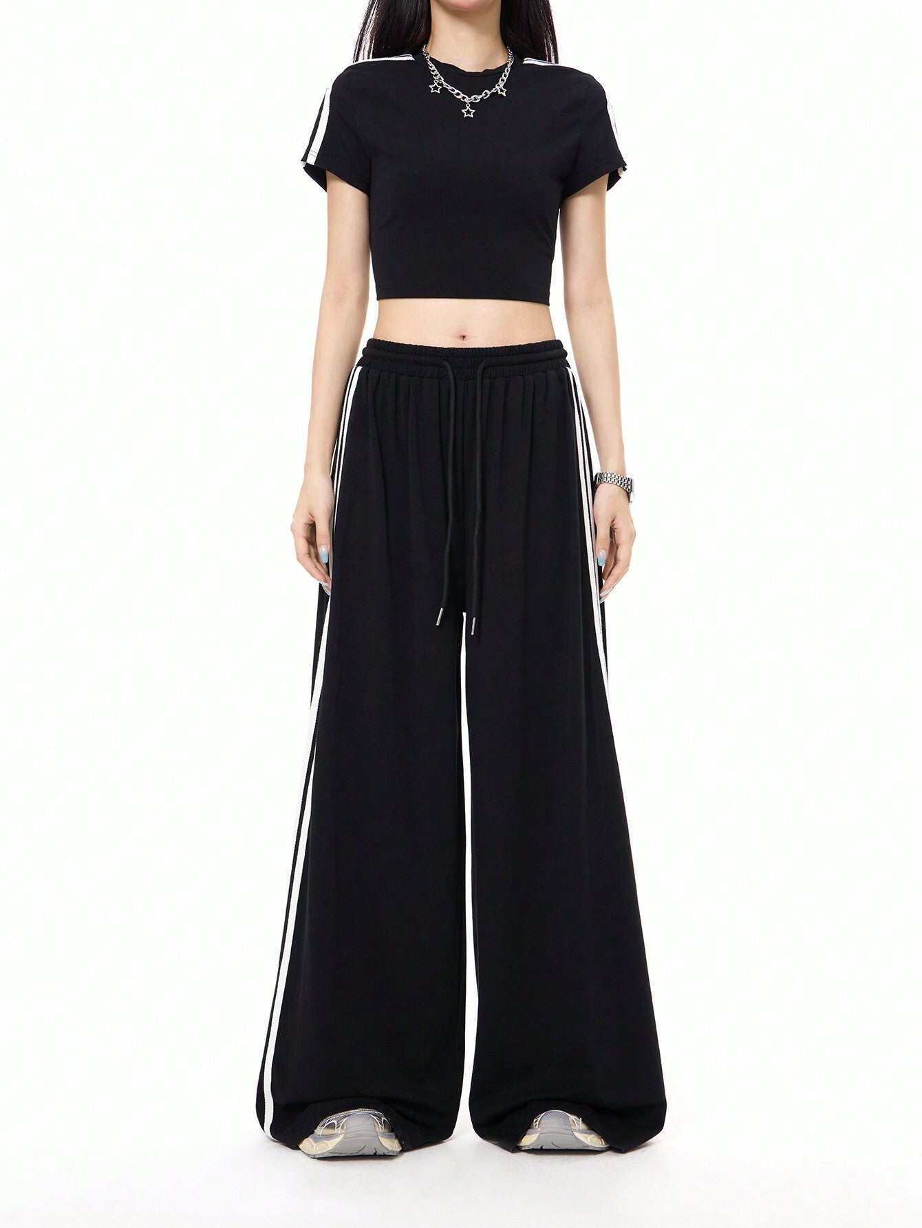 Cardydony Women's Sporty Side-Stripe Wide Leg Track Pants