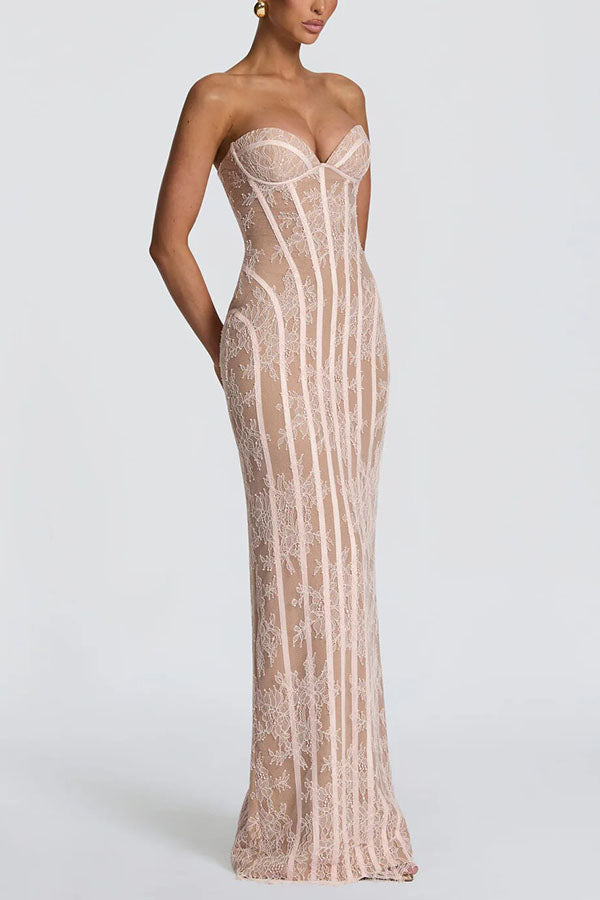 Cardydony Women's Summer Colour Sian Floral Lace Contrast Structural Detail Back Lace-up Strapless Slit Maxi Dress