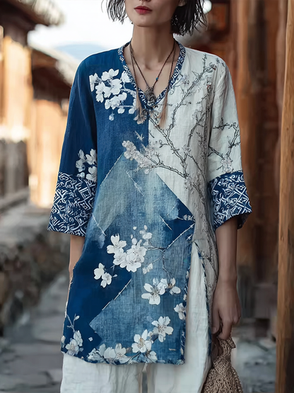 Cardydony Japanese Art Retro Style Cherry Blossom Pattern Women's V-neck Top