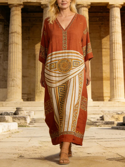 Cardydony Vintage Greek Pattern Women's Linen V-neck Maxi Dress