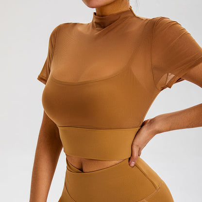 Cardydony Women's Sheer Mesh Short-Sleeved Crop Top with Built-In Chest Pad