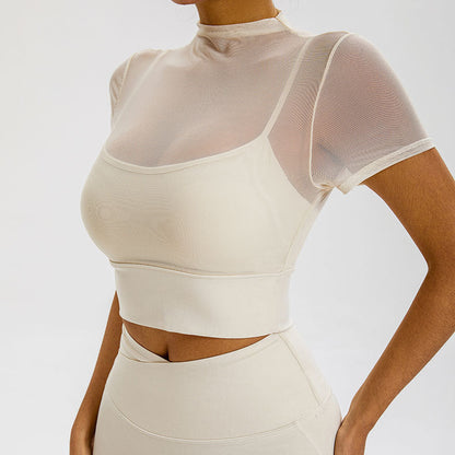 Cardydony Women's Sheer Mesh Short-Sleeved Crop Top with Built-In Chest Pad