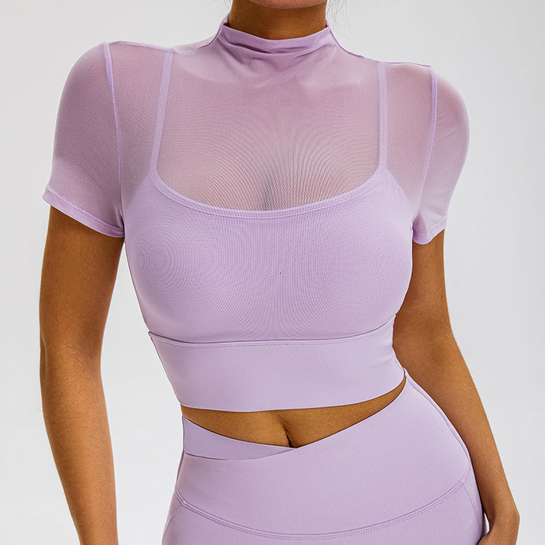 Cardydony Women's Sheer Mesh Short-Sleeved Crop Top with Built-In Chest Pad