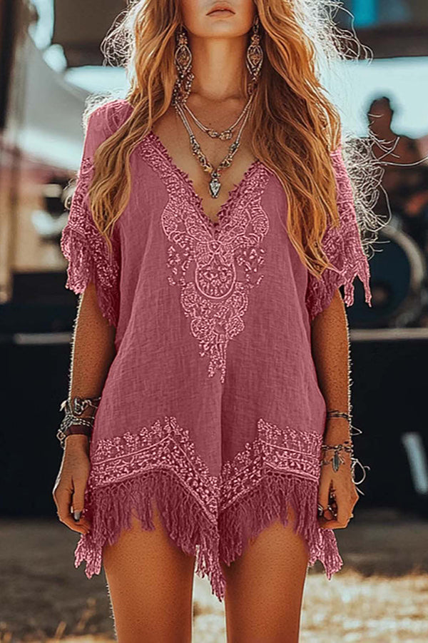 Cardydony Women's Unique Printed V-Neck Short Sleeve Fringe Loose Mini Dress