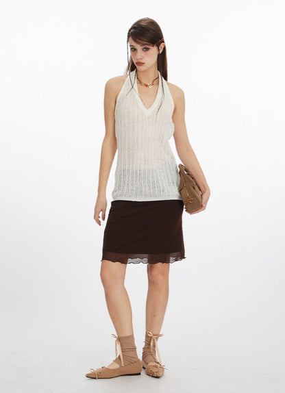 Cardydony Women's White Tank Top｜Commuter Style Knit Halter Neck Slim Fit