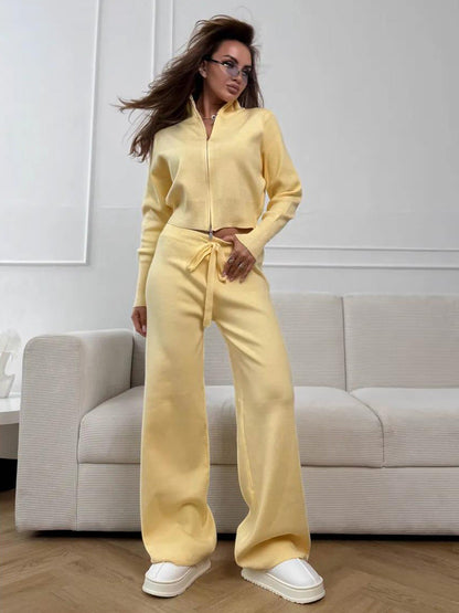 Cardydony Women's Women's Knit 2 Piece Set – Drawstring Wide Leg Pants with Zip Jacket Top