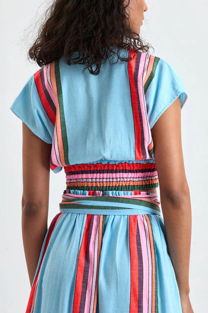 Cardydony Women's Stylish Striped Print V-neck Cropped Top and Elastic Waist Casual Maxi Skirt Set