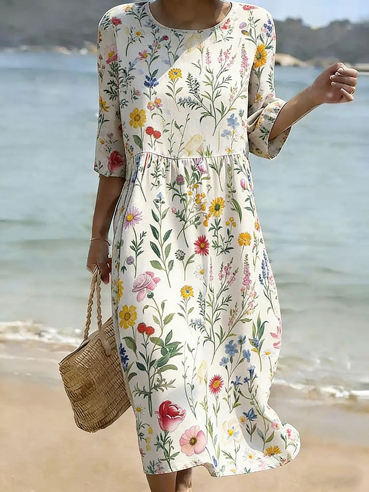 Cardydony Vintage Floral Art Linen Blend Loose Linen Dress
