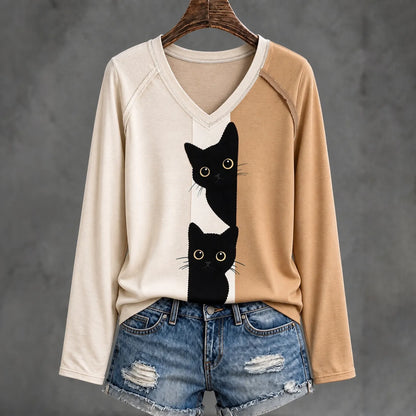 Cardydony Women's Cute Peeking Black Cat Abstract Art Print Casual Long-sleeve T-shirt