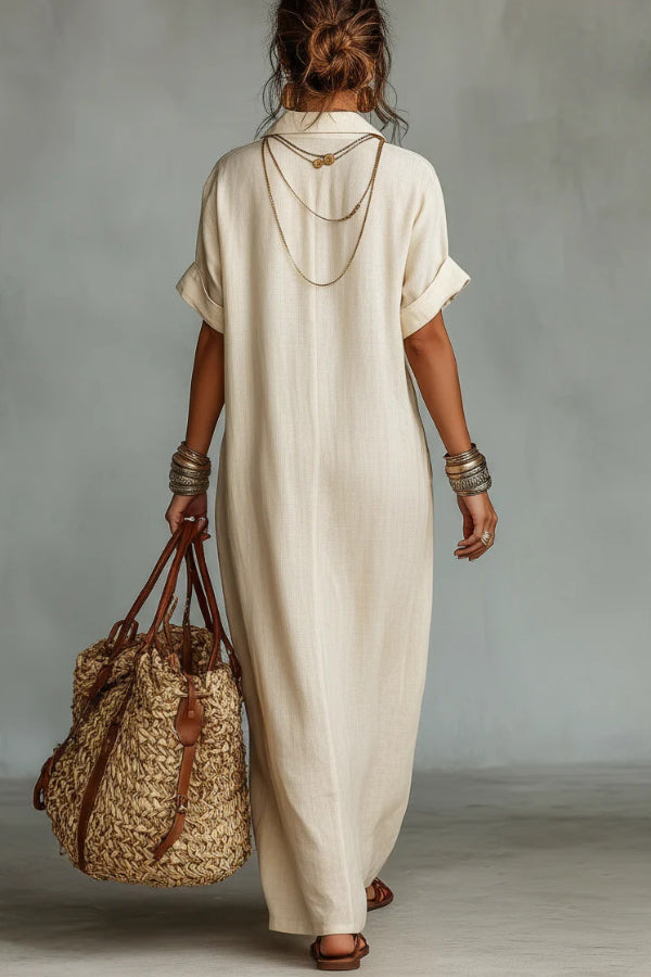 Cardydony Women's  Linen Blend Embroidered V-neck Pocket Casual Loose Maxi Dress