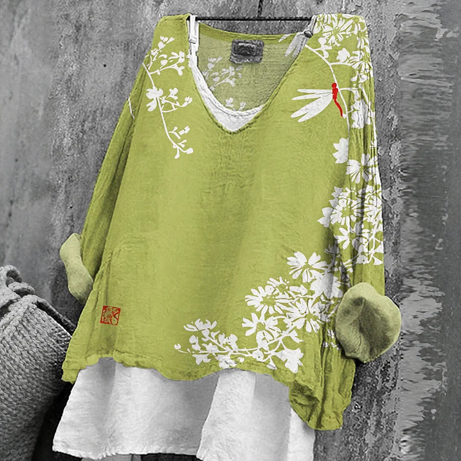 Cardydony Women's Japanese Floral Art Print V-neck T-shirt