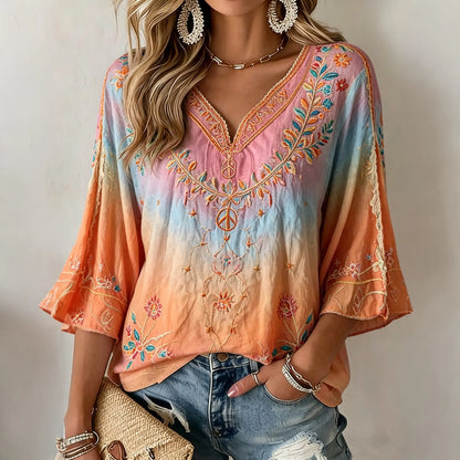 Cardydony Women's Retro Hippie Peace And Love Floral Embroidery Casual Mid-sleeve T-shirt