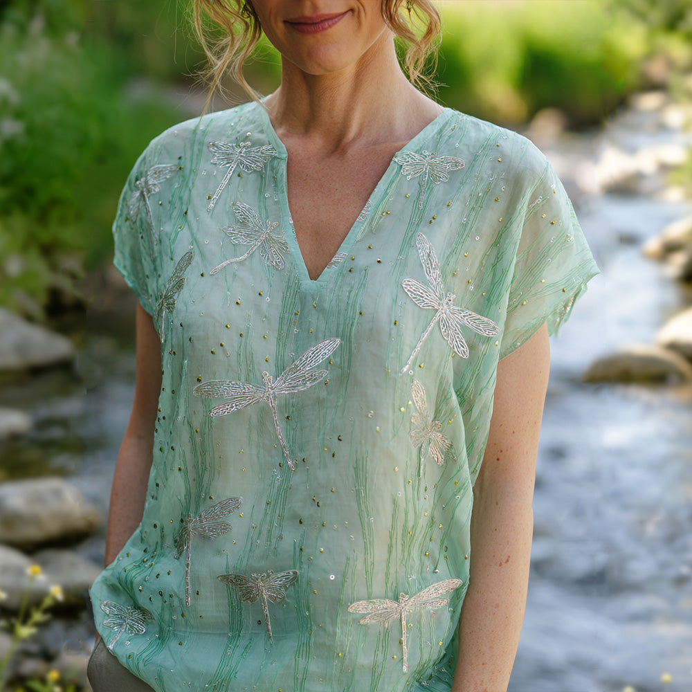 Cardydony Sage Green Textured Grass Print Dragonfly Embroidery V Neck Bohemian Short Sleeve Top For Women