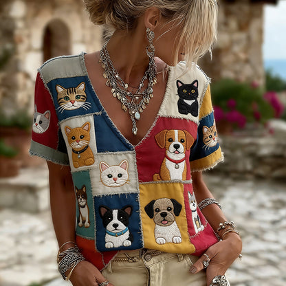 Cardydony Cute Cat And Dog Patchwork Linen Short Sleeve Casual Shirt