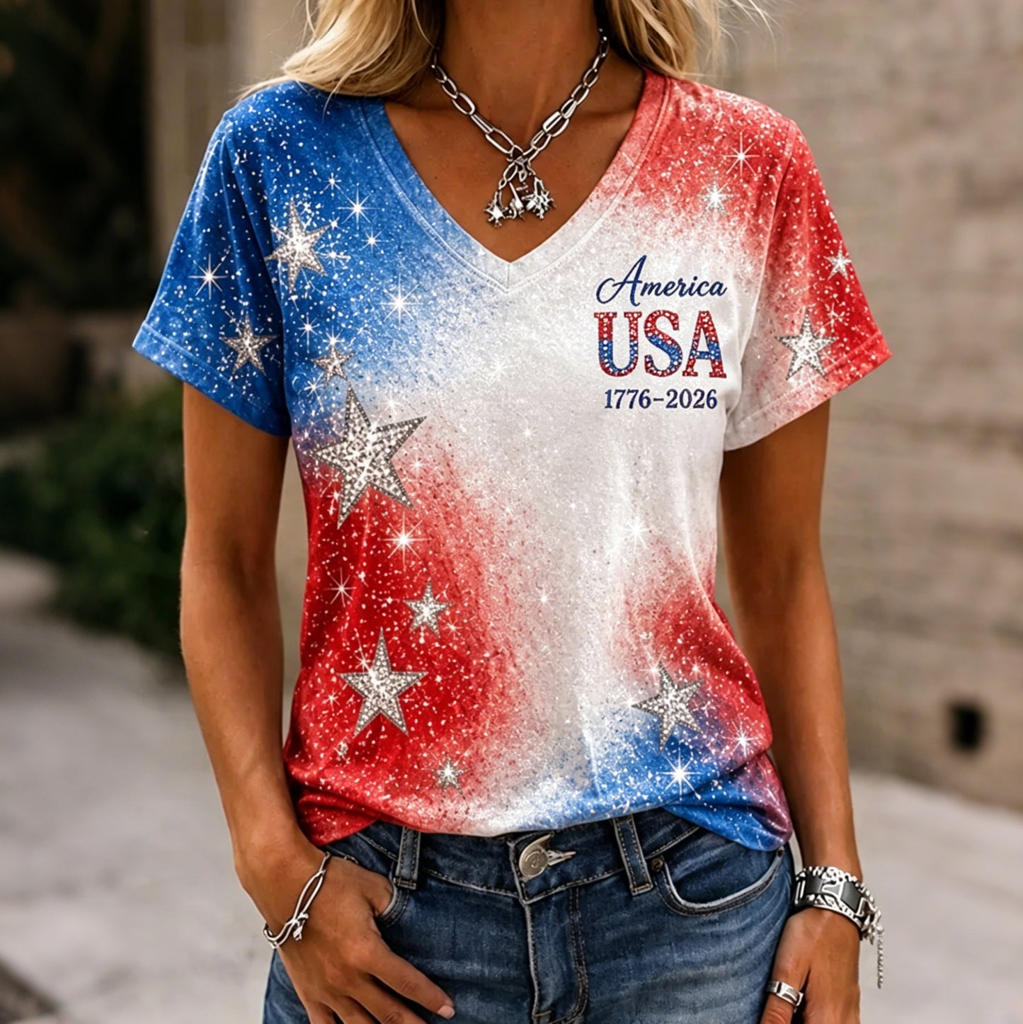 Cardydony Women's Retro Sequin Independence Day Casual V-neck T-shirt