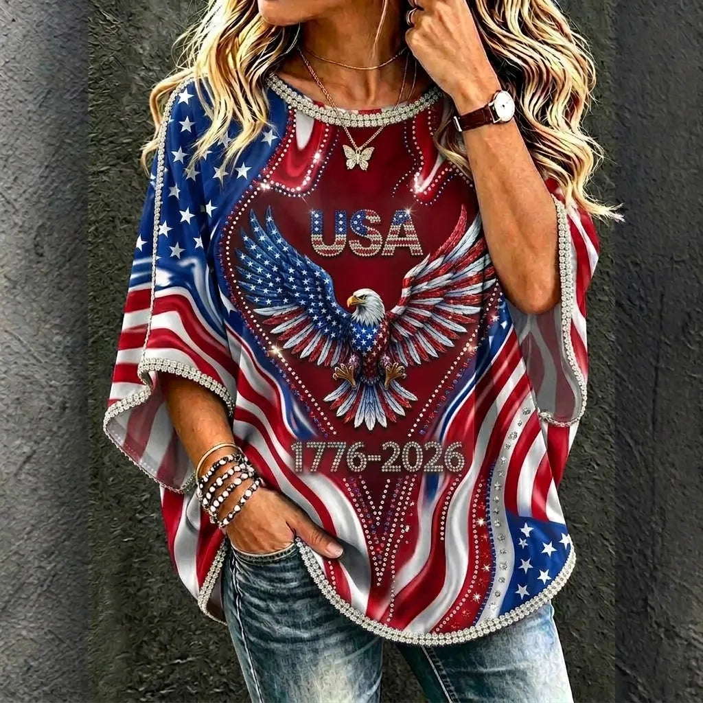 Cardydony Women's Retro Independence Day Pattern Casual Mid-sleeve Top