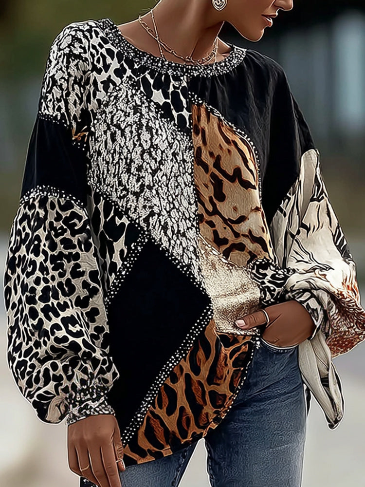 Cardydony Vintage Leopard And Animal Patchwork Art Pattern Linen Blend Loose Round Neck Tops