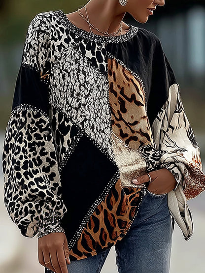 Cardydony Vintage Leopard And Animal Patchwork Art Pattern Linen Blend Loose Round Neck Tops