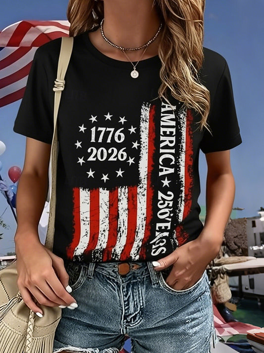 Cardydony Women's American 250th Anniversary Patriotic Print Round Neck T Shirt