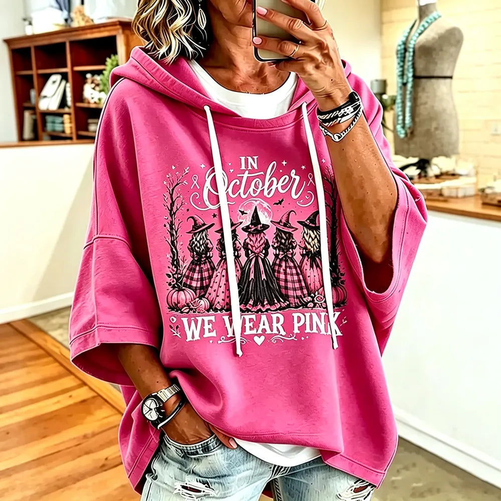 Cardydony Women's Pink Halloween In October We Wear Pink Printed Hooded Top