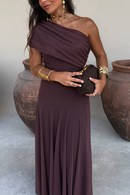 Cardydony Women's In My Arms Mesh Ruched Strapless Paneled Drape Flare Maxi Dress