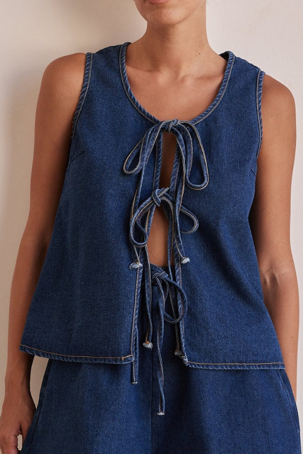 Cardydony Women's  Stylish Sleeveless Round Neck Tie-up Casual Denim Vest