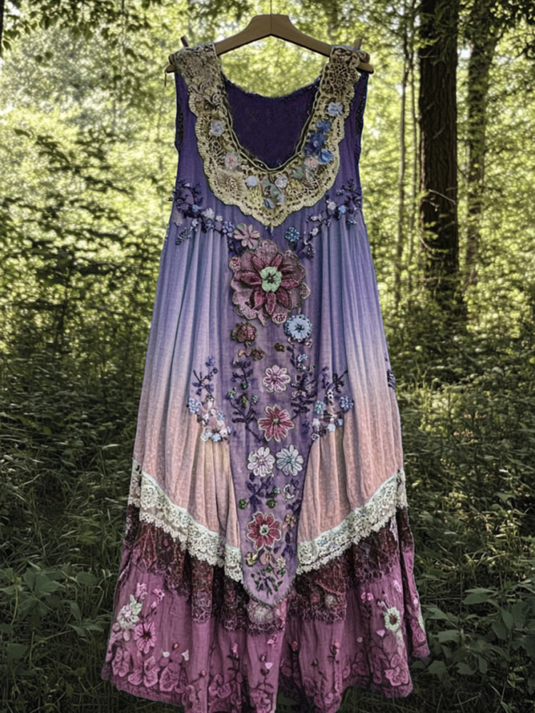 Cardydony Vintage Boho Lavender Art Linen Patchwork Art Linen Tank Dress