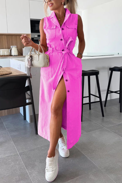 Cardydony Women's Solid Color Sleeveless Single Breasted Waist Tie Casual Pocket Denim Midi Dress