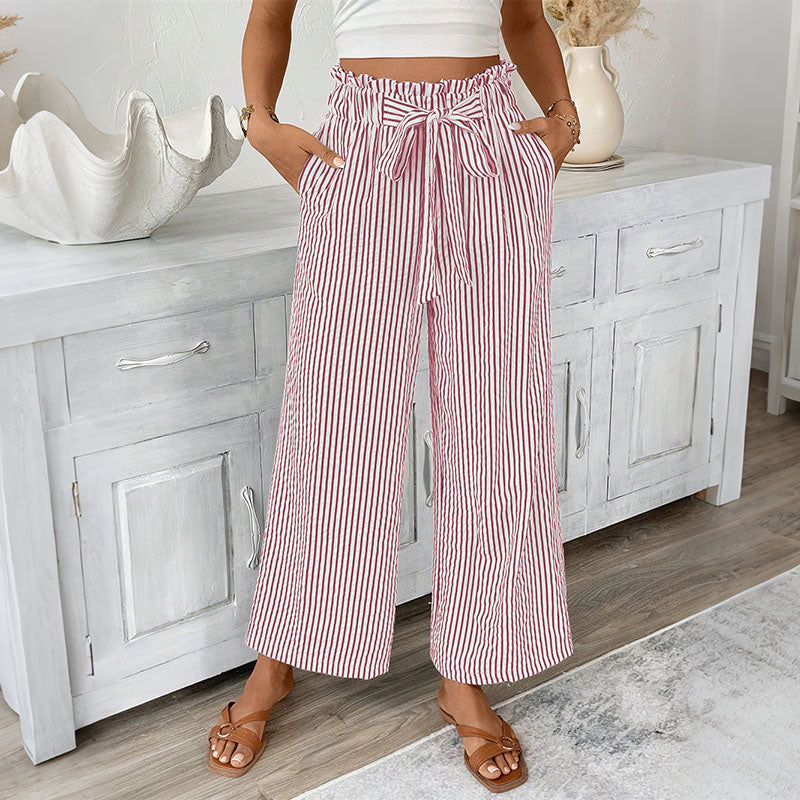 Cardydony Casual Bud Waistband Striped Straight Linen Pants