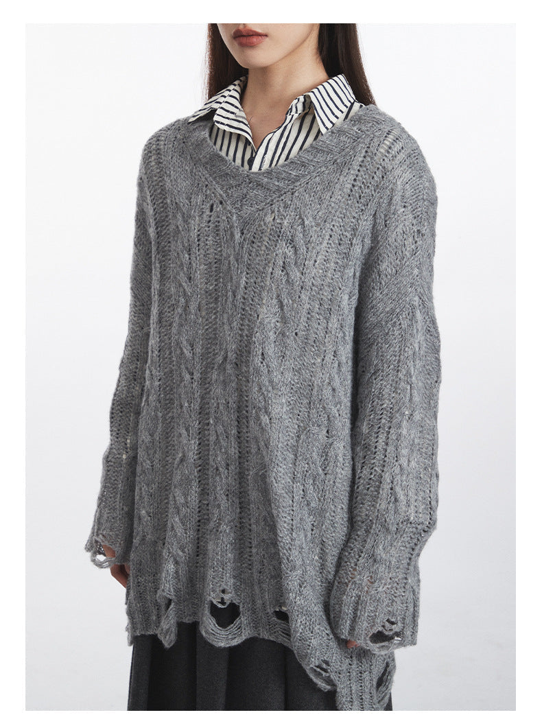 Cardydony Women's Oversized Cable Knit Sweater | Distressed V-Neck Pullover