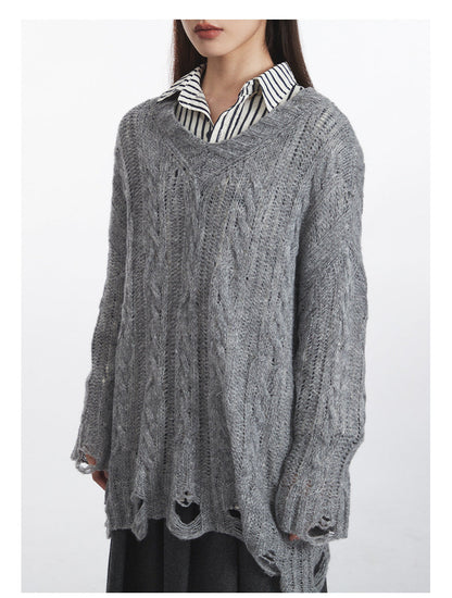 Cardydony Women's Oversized Cable Knit Sweater | Distressed V-Neck Pullover