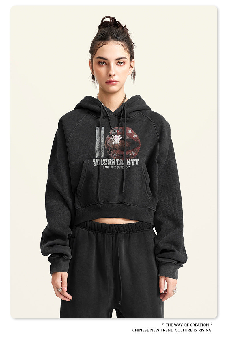 Cardydony Women's Vintage Print Cropped Hoodie | Y2K Washed Black