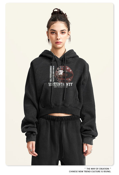 Cardydony Women's Vintage Print Cropped Hoodie | Y2K Washed Black