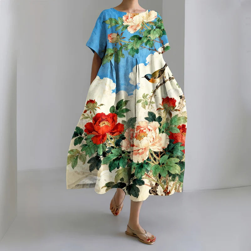 Cardydony Women's Japanese Floral And Bird Gradient Art Print Dress