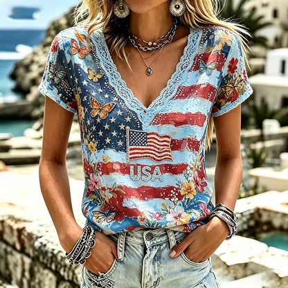 Cardydony Women's Independence Day Anniversary Flag Art Comfortable Cotton Linen V-neck Short Sleeve Top