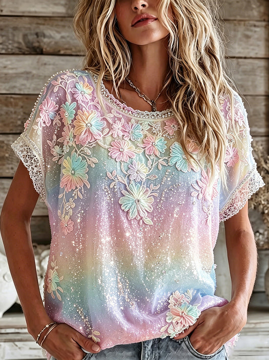 Cardydony Women's Summer Floral In Macarons Colorful Art Linen Blend Short Sleeve Tops