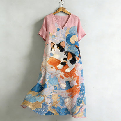 Cardydony Japanese-style Cat And Koi Print Linen Long Dress For Women