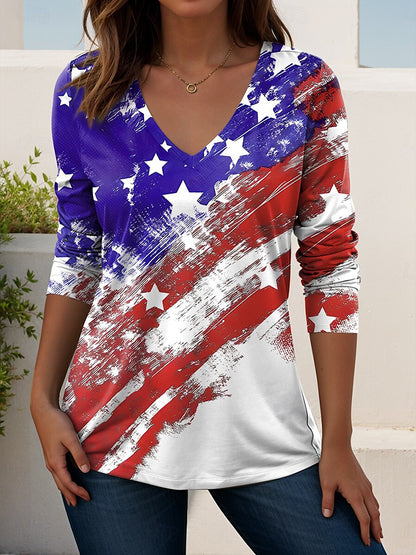 Cardydony Women's Vintage America's 250th Anniversary V Neck Long Sleeve T Shirt