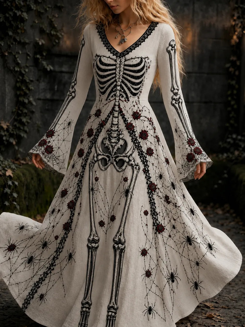 Cardydony Women's Vintage Halloween Gothic Skeleton Roses Art Print Long Sleeve Linen Maxi Dress