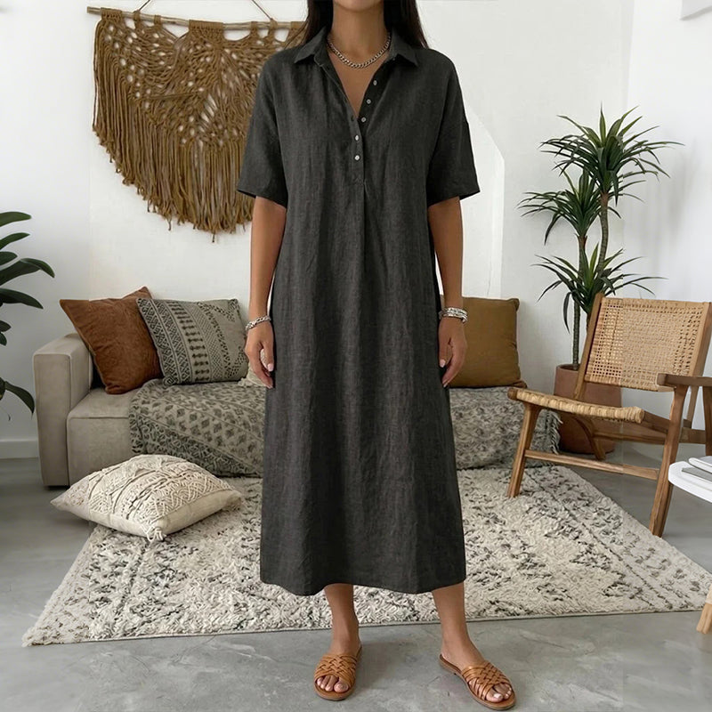 Cardydony Women's Solid Color Lapel Linen Blend Shirt Midi Dress