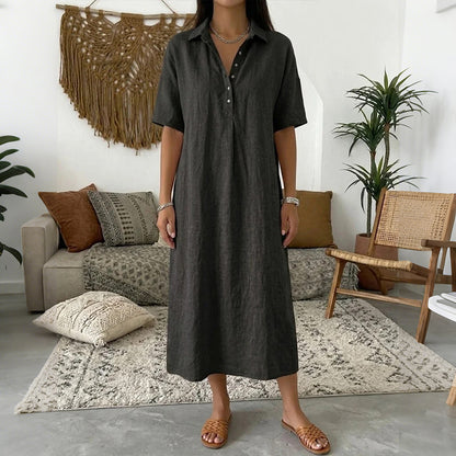 Cardydony Women's Solid Color Lapel Linen Blend Shirt Midi Dress