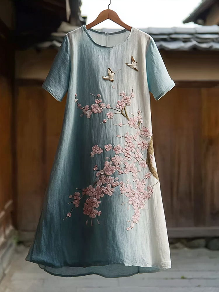 Cardydony Japanese Art Cherry Blossom Pattern Design Casual Linen Dress