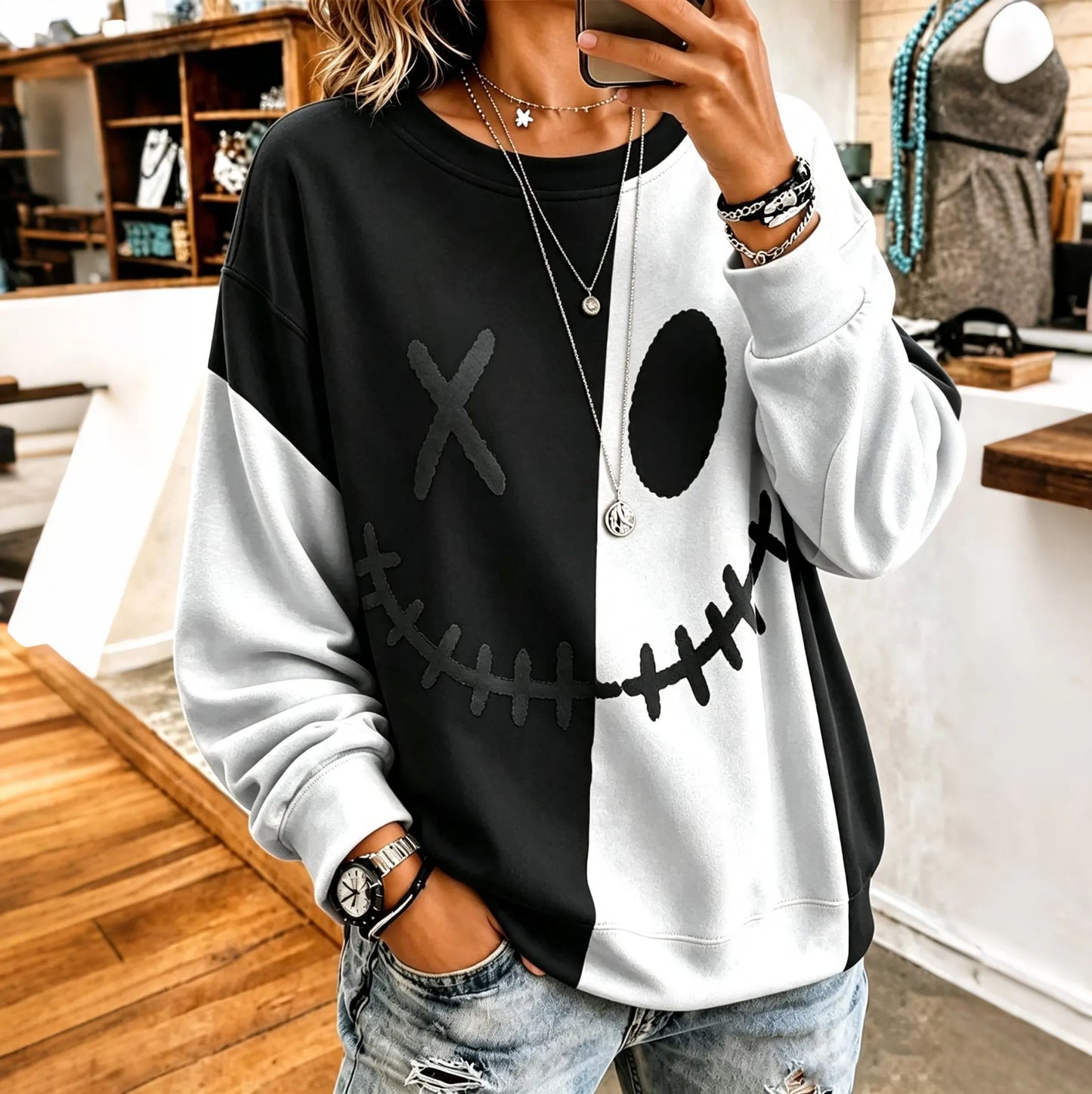 Cardydony Women's Halloween Ghostly Face Color Blocking Print Casual Sweatshirt