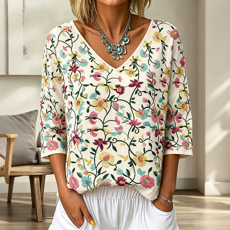 Cardydony Women's Vintage Floral Art Print Flowy Linen Blend Three-quarter Sleeve V Neck Linen Tops