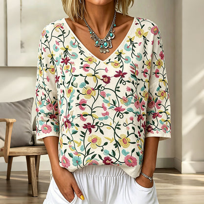 Cardydony Women's Vintage Floral Art Print Flowy Linen Blend Three-quarter Sleeve V Neck Linen Tops